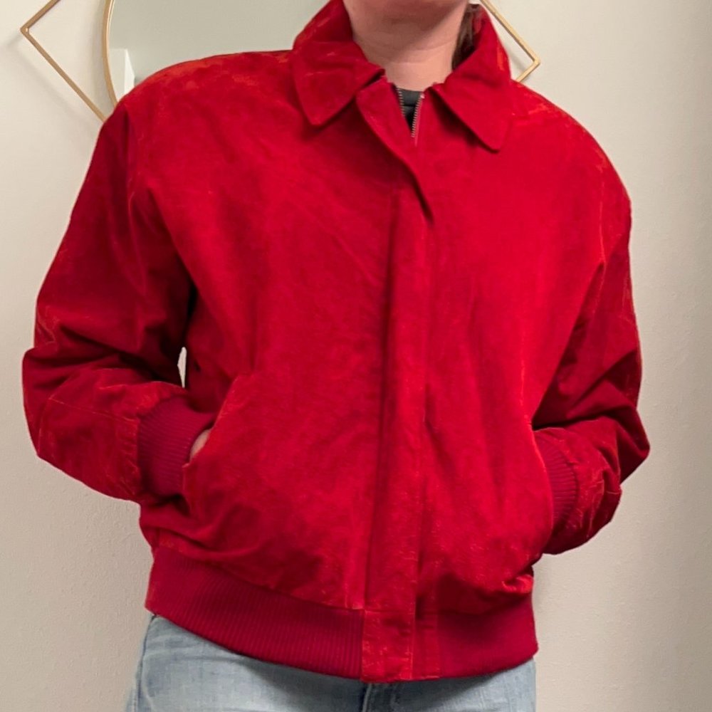 Vintage Unisex Red Suede Bomber Jacket, St. John's Bay, Size Small